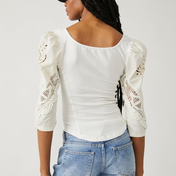 Free People NWT Brunch Date Henley Medium Eyelet 3/4 Sleeves Color Moon Glow Top - Picture 3 of 12